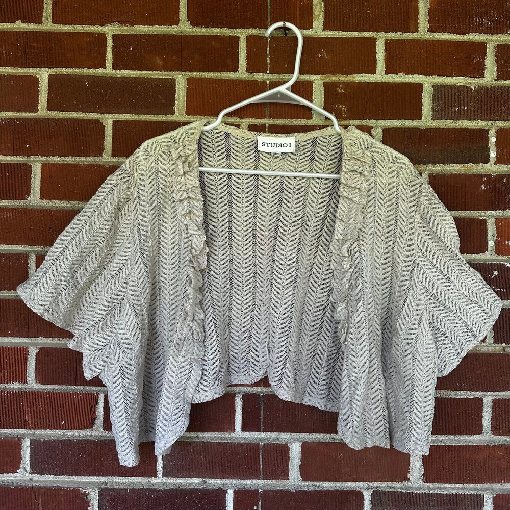 Studio I Beige Lace Open Front Shrug Cardigan Ruffle Trim Plus Size 20W
